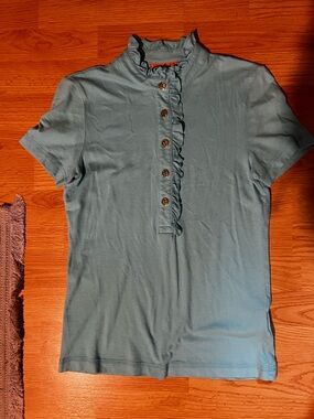 Tory Burch Light Teal Ruffle Collar Top